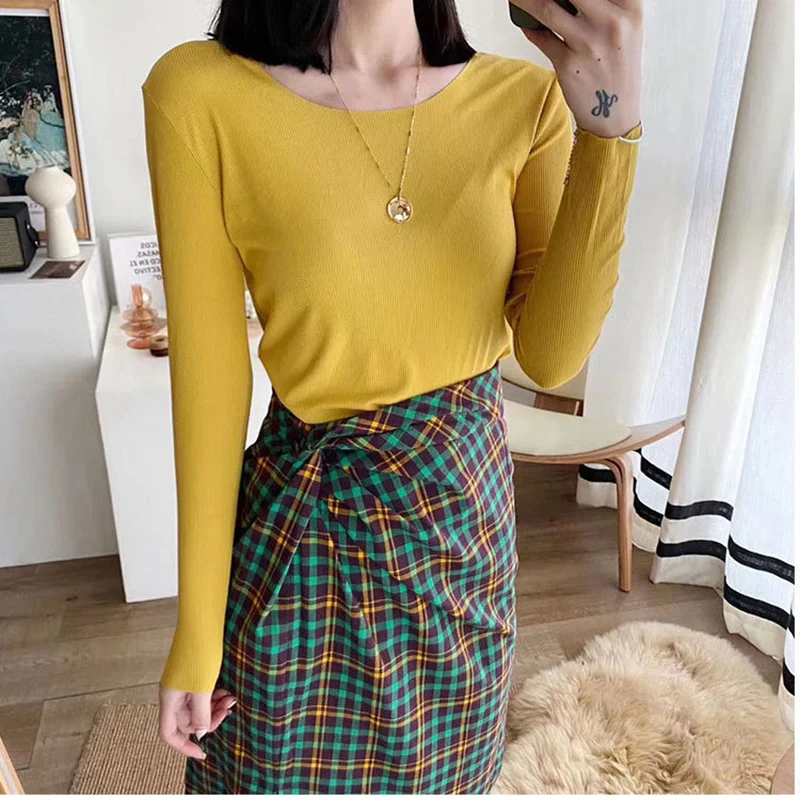 Женская хлопковая футболка однотонная эластичная повседневная с длинным