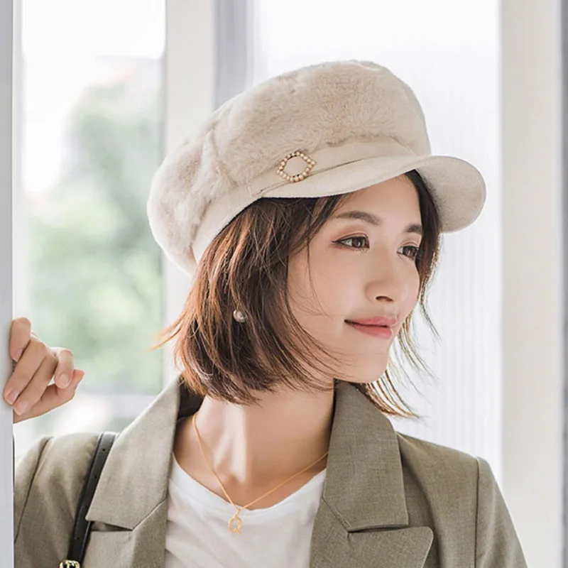 MAERSHEI/ Модные женские береты gorras, женская шапка в стиле милитари с кроличьим мехом, утолщенная теплая плоская кепка, восьмиугольные шапочки Newsboy - Цвет: beige
