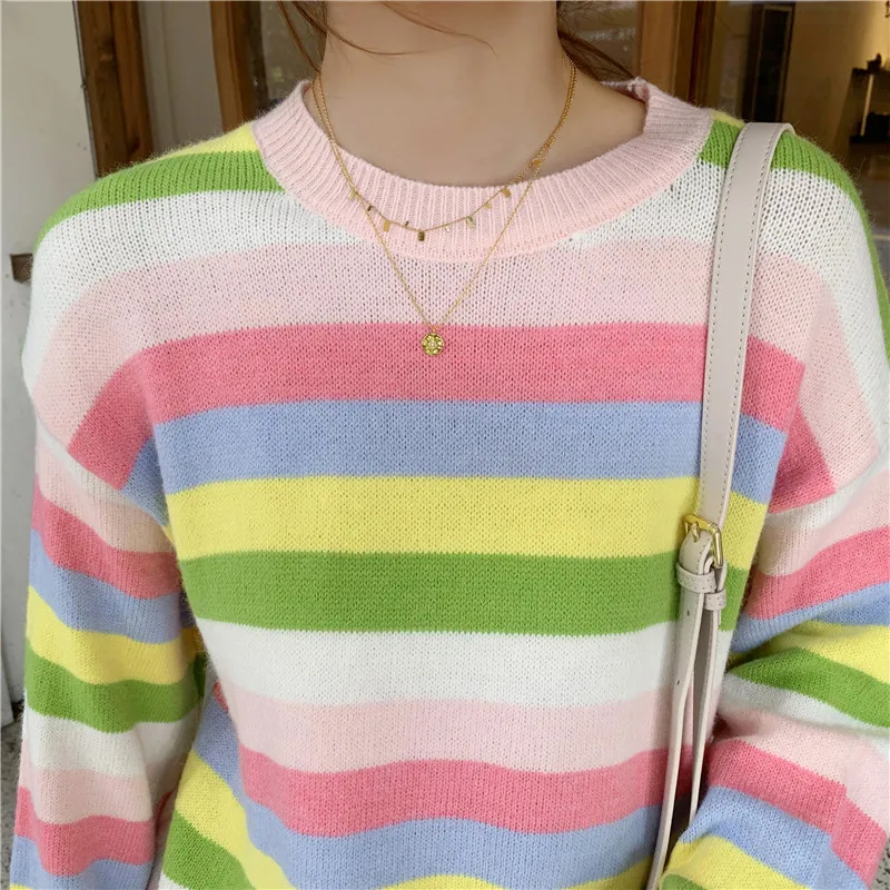 

Fall 2020 Polo Shirt Women'S Knitwear Long Sleeve Rainbow Color Ladies Sweater Striped Korean Simple Casual
