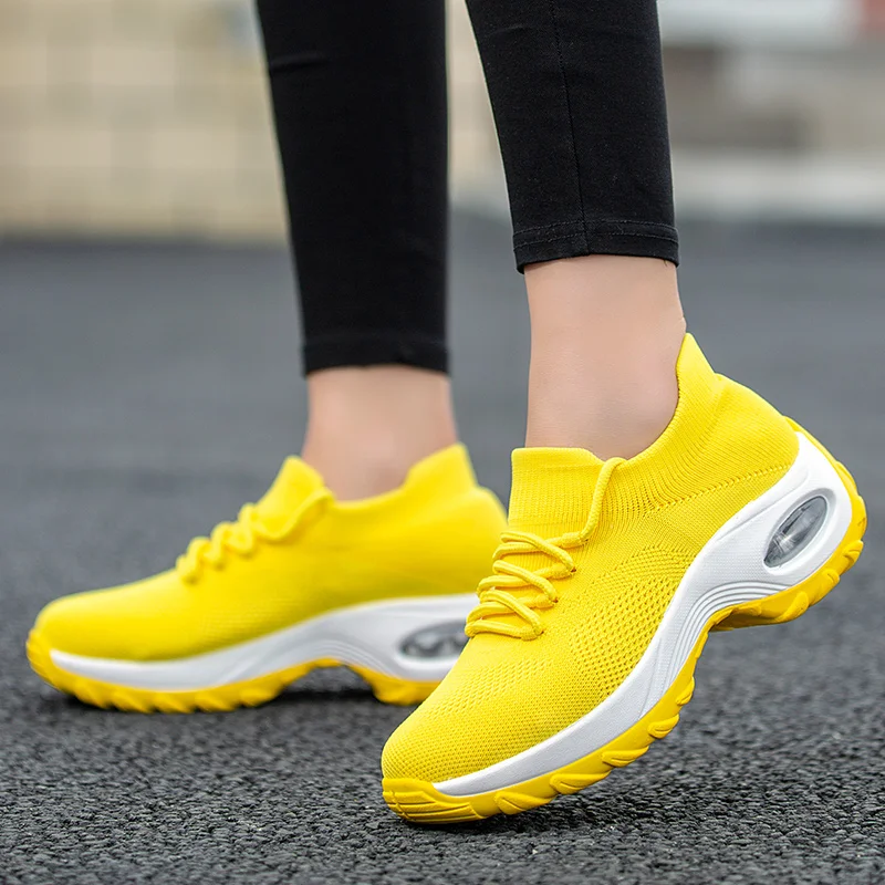 2020 Spring Autumn Women Cushion Sneakers Shoes Sports Running Platform  for  Yellow breathable Mesh Socks Boots 42