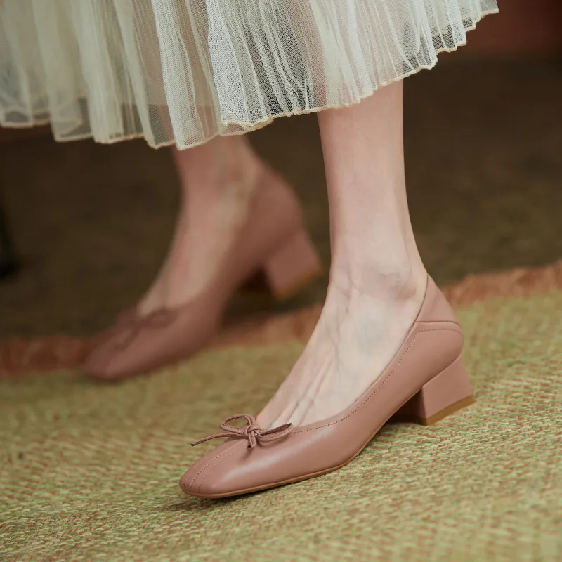 

Asumer 2021 Classic Casual Party Shoes Women Pumps Bowknot Square Toe Genuine Leather Shoes Elegant Thick Heels Shoes Woman