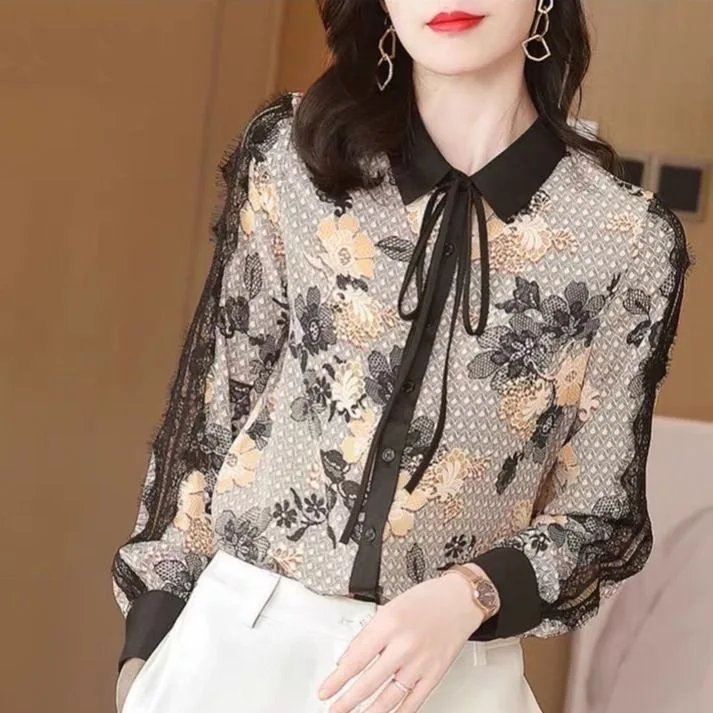 Женская однобортная рубашка с длинным рукавом кружевная блузка контрастных
