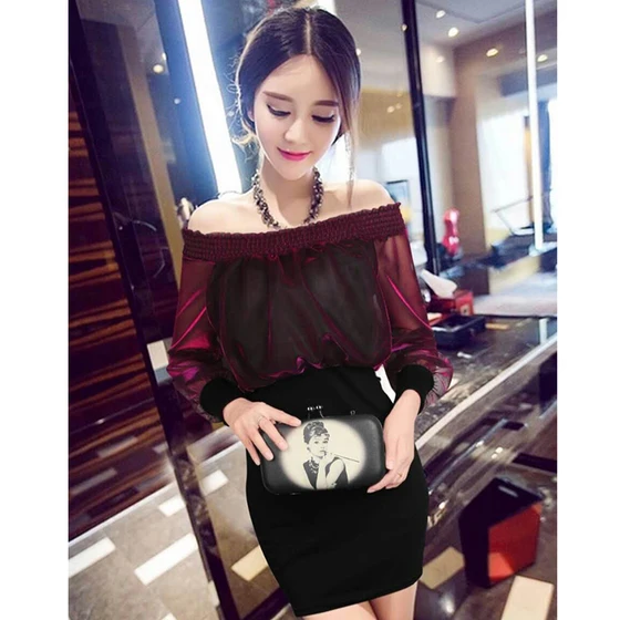 Женское платье с вырезом лодочкой и длинным рукавом в стиле пэтчворк фиолетовое