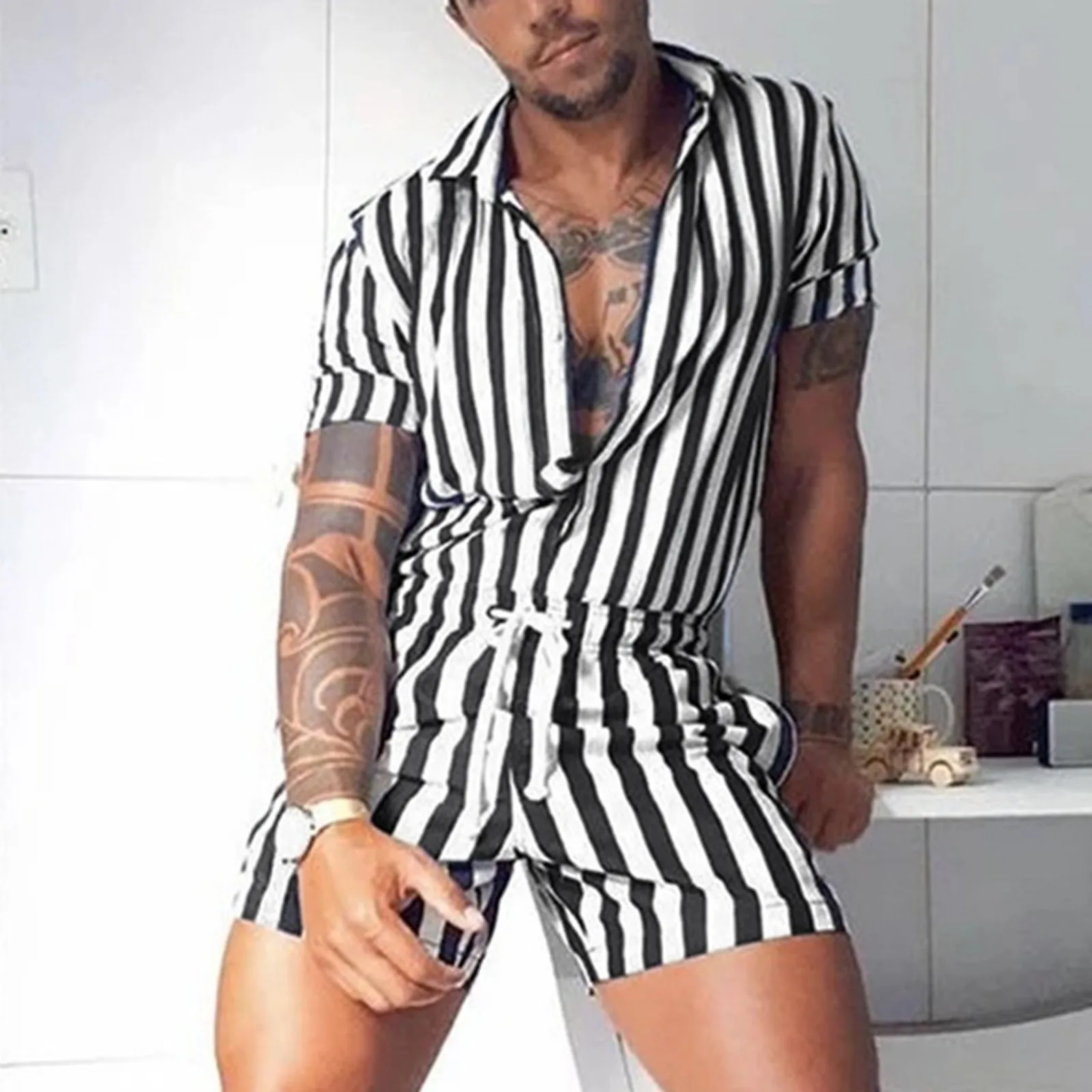 

2021 Men's Summer Short Sleeve Striped Printed Turtleneck Shirts Outside Sexy Home Jumpsuit Short-sleeved Shorts Refreshing