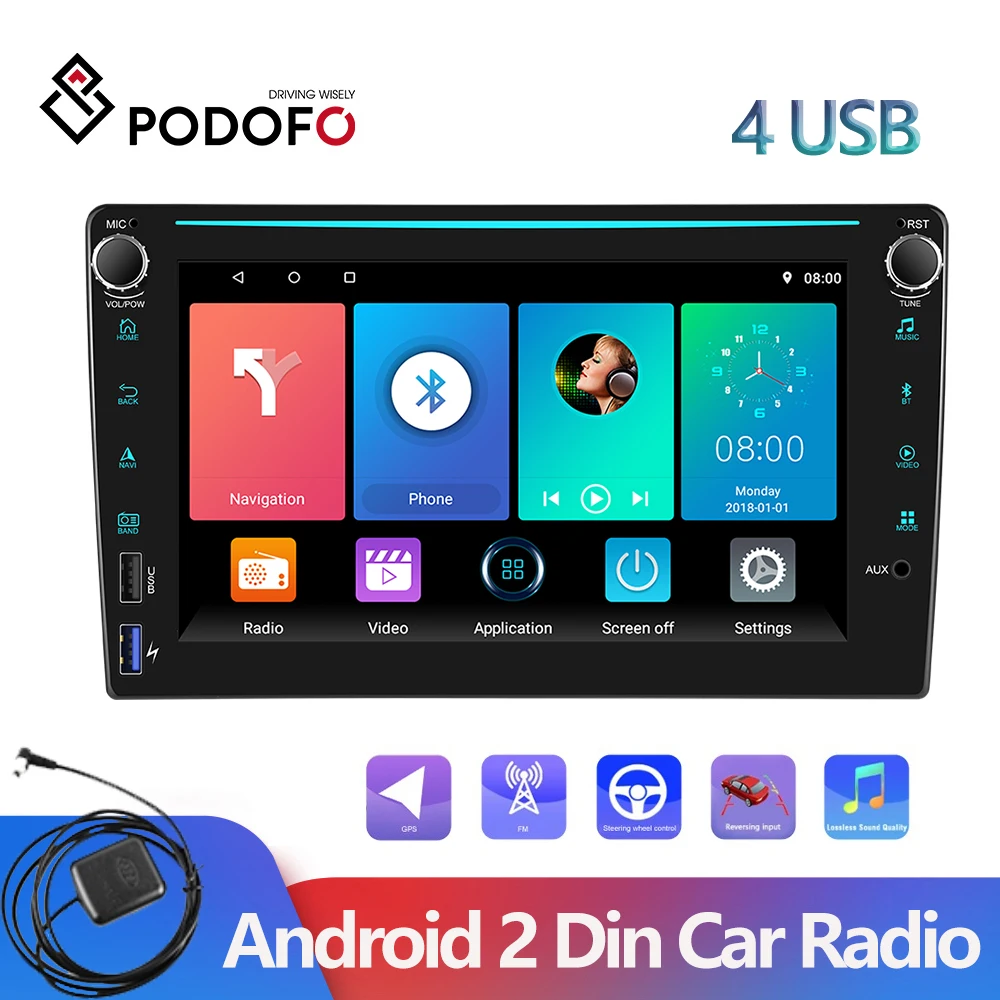 Автомагнитола Podofo 2DIN Android стереоплеер 8 дюймов GPS Bluetooth сабвуфер универсальный для