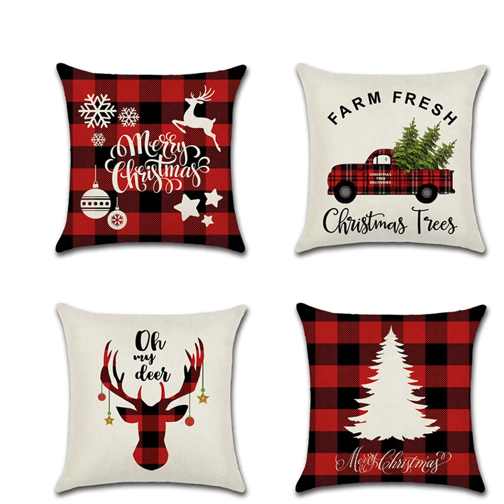 

New Christmas day Linen Cushion Cover Decorative Red plaid Christmas tree Deer head Pillowcase 45*45cm