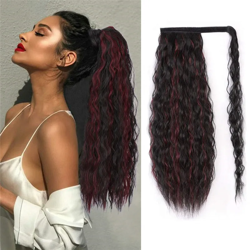 

Wavy Ponytail Hair Extension for Women Synthetic Wrap Around Magic Paste Yaki Ponytail Corn Clip in Hairpiece Black Fake Hair