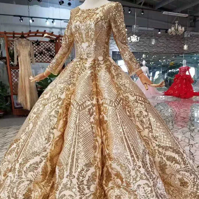 LSS286 luxury dubai dresses women occasion o-neck long sleeve muslim ball sparkly party dress curve shape evening dresses golden