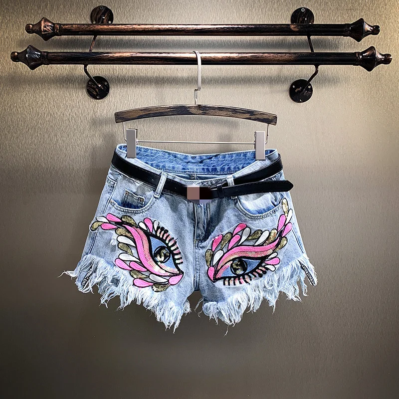 2022 Summer Women Cute 3D Cartoon Eyes Patchwork Tassel Denim Shorts Female Casual Streetwear Sequins Short Jeans Trousers