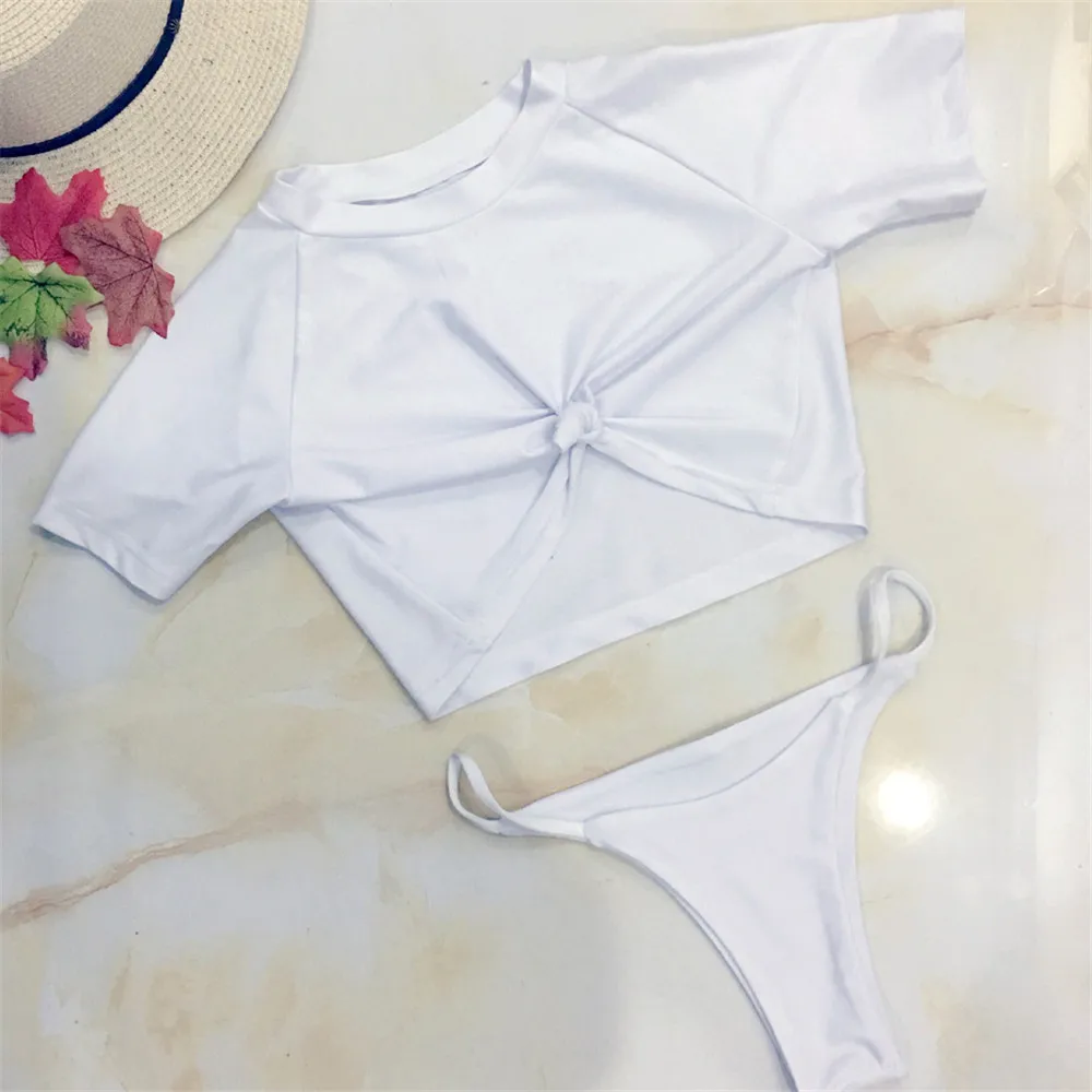 Соблазнительное бикини 2019 однотонное с коротким рукавом обтягивающие стринги