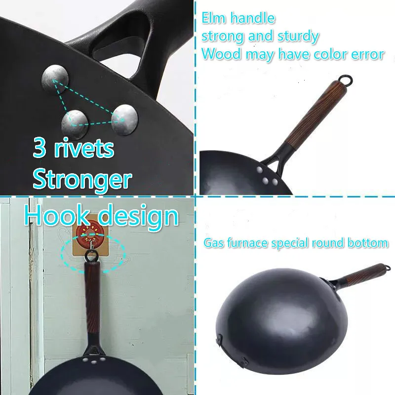 Chinese Style Iron Pot Gas Cooker Wooden Handle Pure Iron Pan Stainless Steel No Coating Non-stick Wok Hand Forging Iron Pan