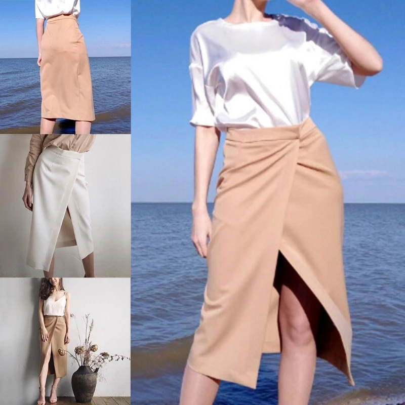 

Women Office Lady High Waist Sexy Irregular Wrap Front Split Midi Long Skirt 264E