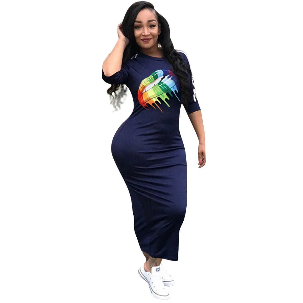 Повседневное Для женщин Bodycon платье летние модные разноцветные радужные губы офсетная печать обхват талии, обхват бедер, ужин платья для Для женщин vestidos mujer