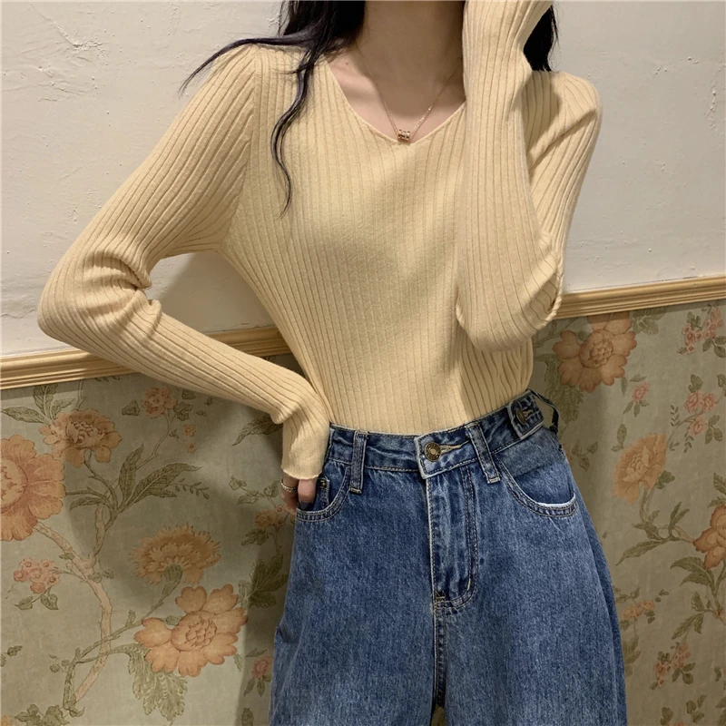 Женский трикотажный свитер с V-образным вырезом Зимний пуловер