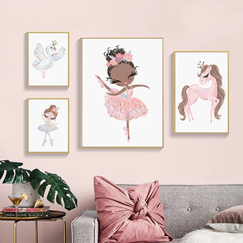 

Nordic Ballet Princess Baby Nursery Poster Unicorn Wall Art Canvas Painting Swan Wall Pictures For Children Kid Girl Room Decor