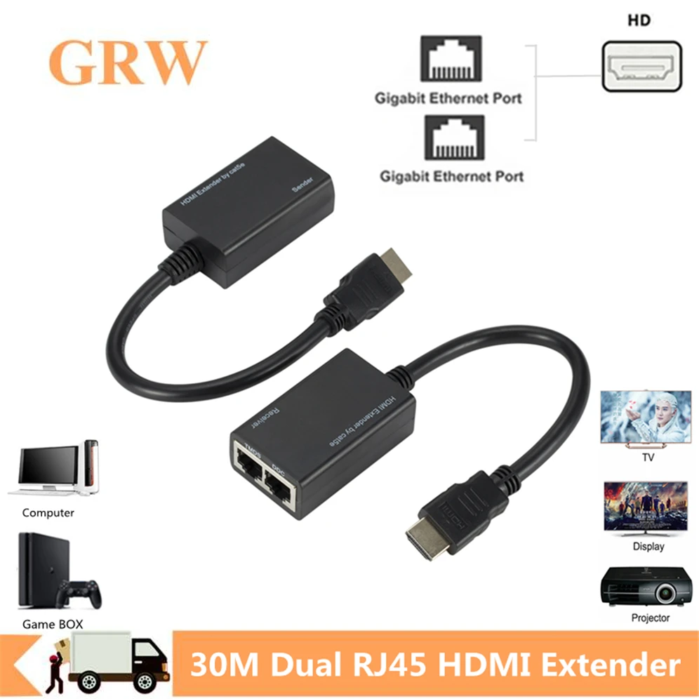 

Grwibeou HDMI Over RJ45 CAT5e CAT6 UTP LAN Ethernet Extender Repeater Supports 1080p Resolution Up to At Least 100ft (30M)