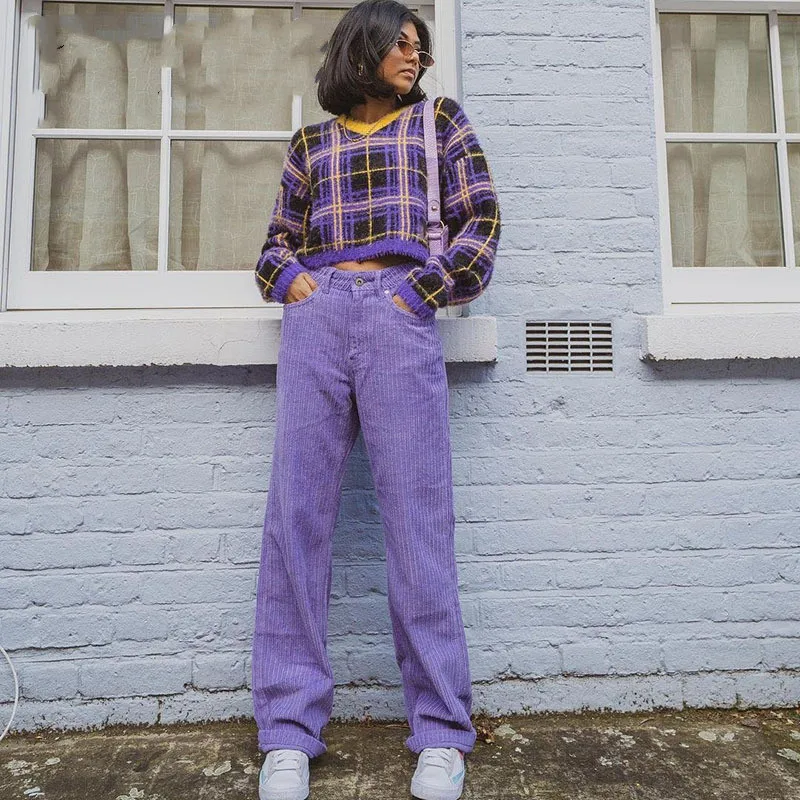 

Y2k Women Straight-leg Pants with Pockets High Waist Streetwear Corduroy Trousers 90s Fashion Purple/ Brown
