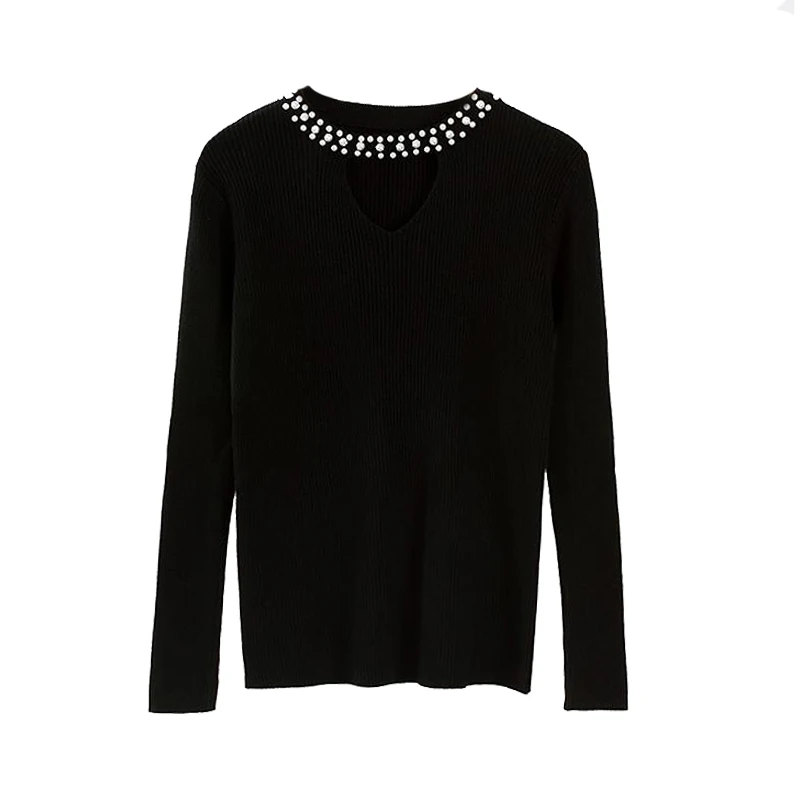 

toppies 2021 Spring Women Pearl Beading Knit Sweaters Sexy Slim O-neck Long Sleeves Knitwear