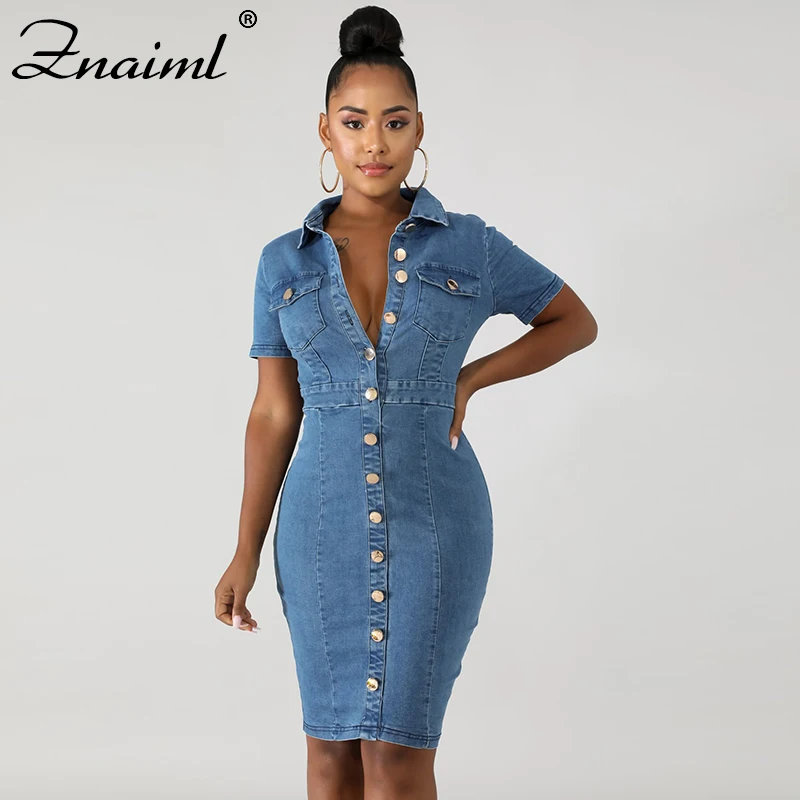 

Znaiml Vintage Denim Dress Women Blue Short Sleeve Single-Breasted Package Hip Mini Dress Sexy Female Jeans Dresses Vestidos