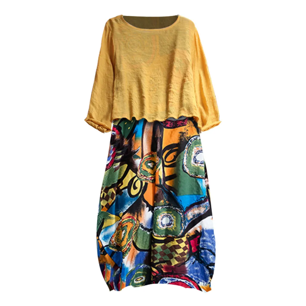 2019 Весна Лето Новое Женское винтажное платье из двух частей с этническим принтом