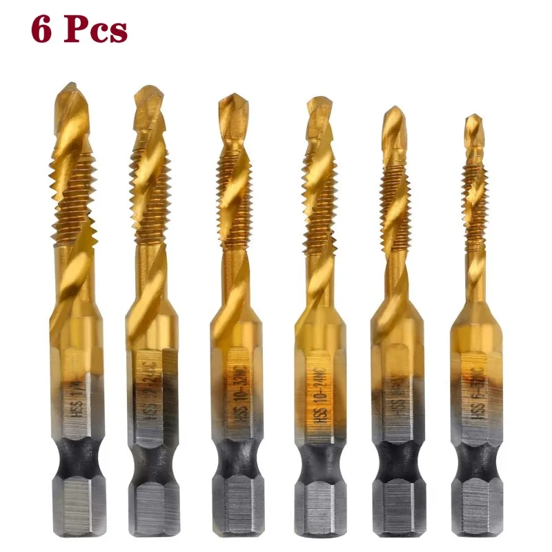 

6Pcs Drill Bit Set 1/4 Inch Hex Shank Tap Drill Bit Set M3 M4 M5 M6 M8 M10 Tap Drill Bit Titanium Plated Metric & Inch Tap Drill