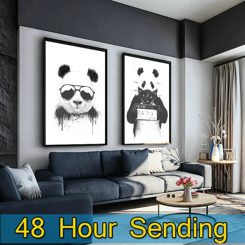 

Canvas Animales Posters Abstract Panda Wearing Glasses Canvas Art Black and White Decorativas Paintings on the Wall Hoom Decor