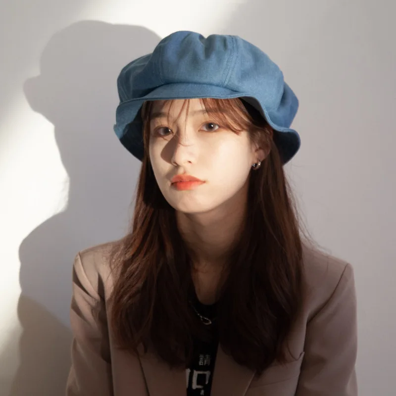 

Women's Bucket Hat British Retro Casual Solid Color Beret Hats Japanese Cute Ruffled Bucket Hat Fashion Outdoor Shade Bucket Hat