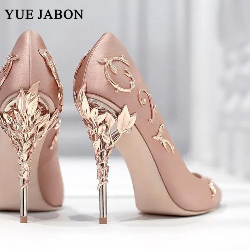 Gold Sexy Mental Heels Wedding Shoes Women Leaves Heel Design Pointed High Fashion Luxury Pink 10cm