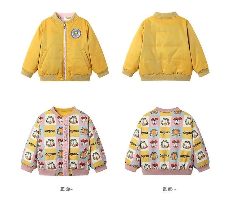 

Kawaii Garfield Children Jacket Double-Sided Wear Boy Girl Cute Cat Embroidery Coat Kid's Cotton-Padded Coat Winter Plaid Coat
