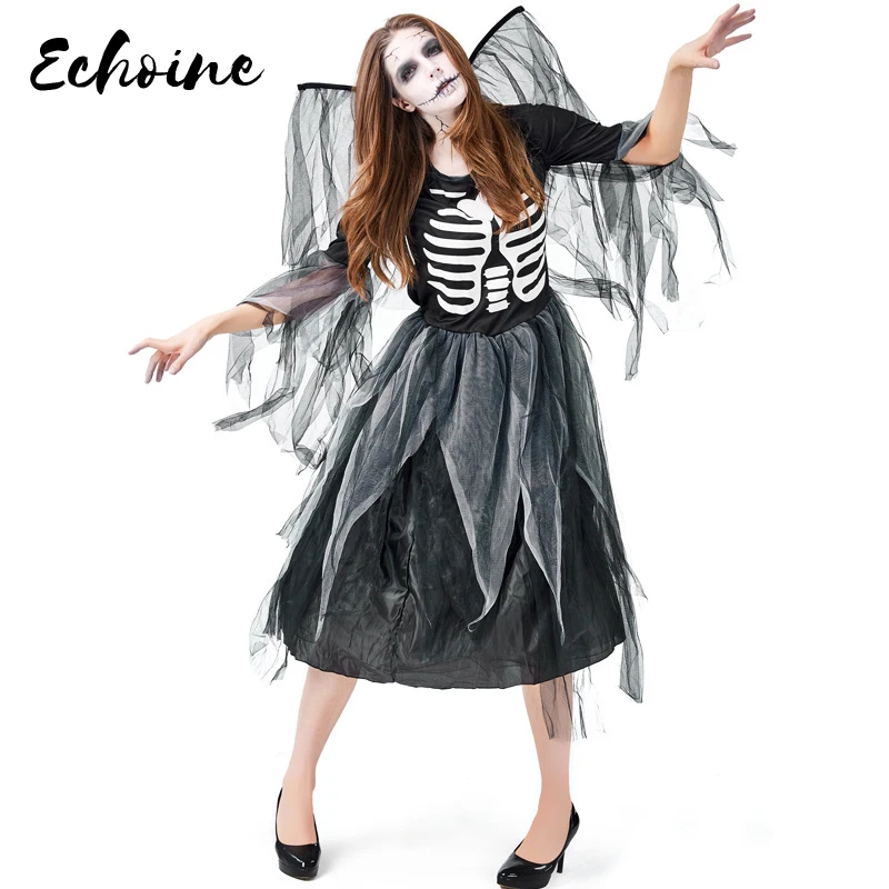Женское черное платье чулок эхойн с ужасным скелетом и опавшим ангелом страшный