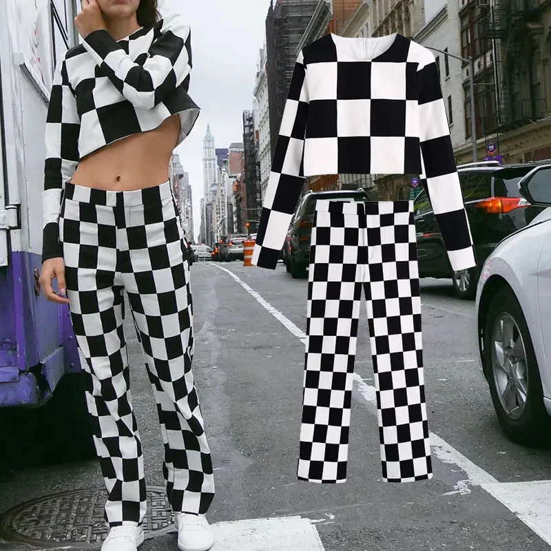 

Xypskh Za Women 2021New Fashion 2 Piece Set With Sexy Casual Plaid printing Tops + Plaid Casual Pants Female Sets 2 Outfit