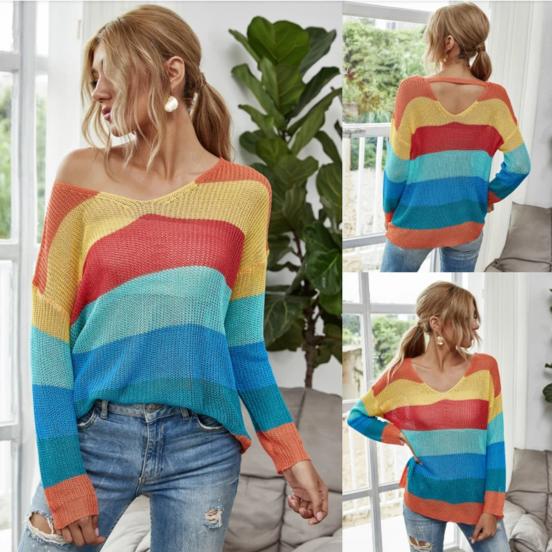 

Женский трикотажный свитер в полоску, с V-образным вырезом и длинным рукавом