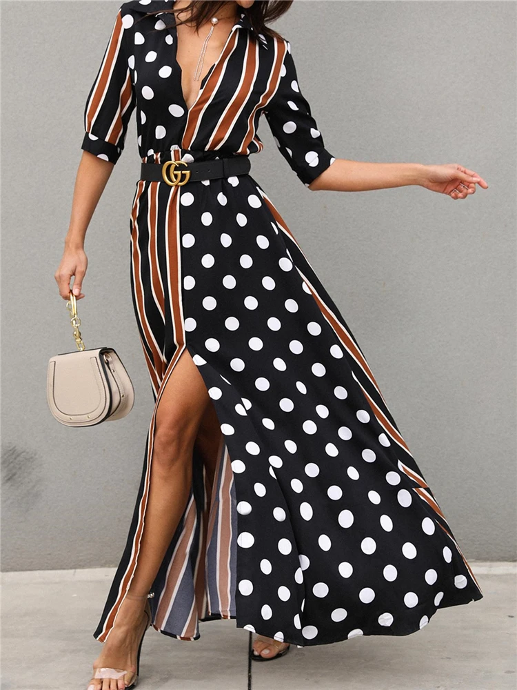 

Women Elegant Stylish Long Vacation Leisure Holiday Boho Casual Party Dress Female Dots&Stripes Plunge Slit Maxi Dress