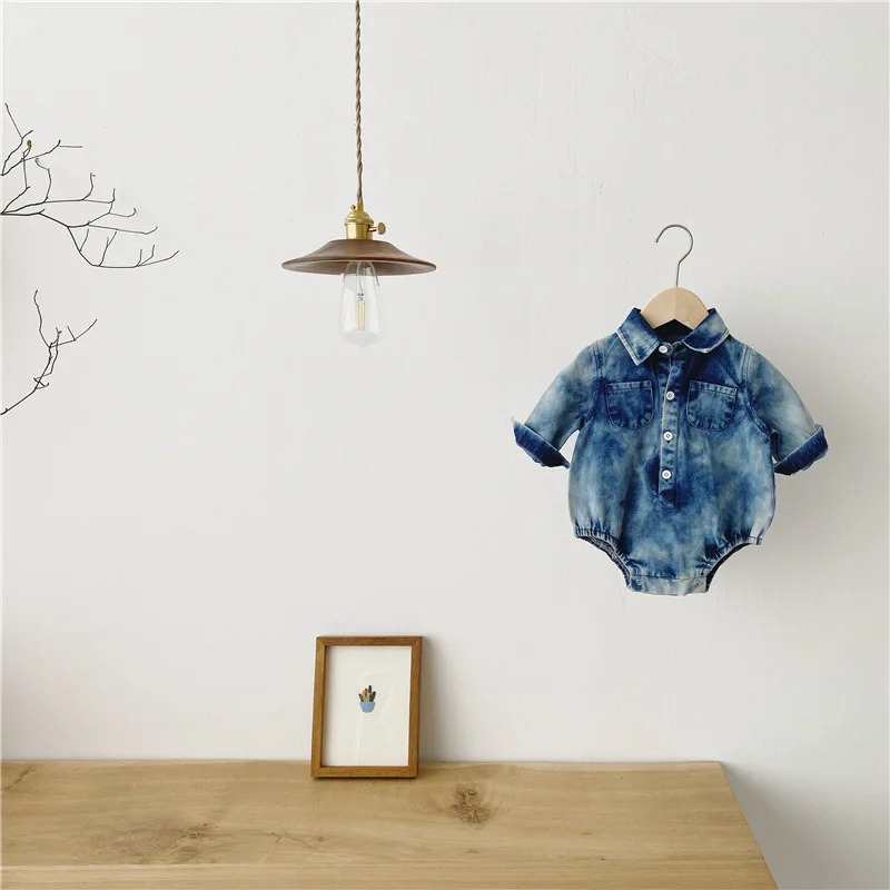 

2021 Spring New 0-24m Toddler Kids Girl Baby Boy Denim Clothes Long Sleeve Bodysuit Solid Jumpsuit Outfit Baby Clothes
