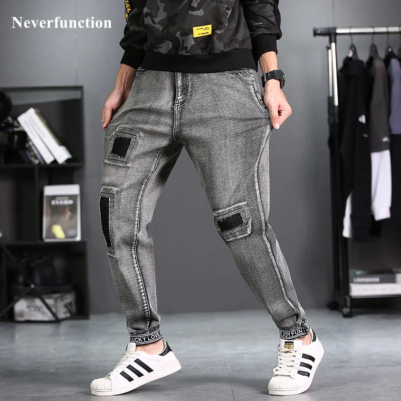 

New Men Ripped patch Stretch Slim Fit Jeans Streetwear man Cotton distressed Casual grayJoggers Denim trousers Plus Size 48