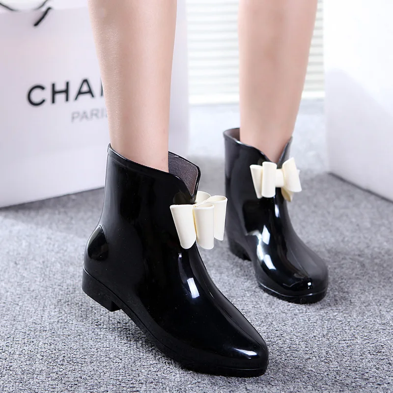 

Short-tube Women's Rain Shoes Spring and Autumn Rain Boots Knot-bow Low-top Boots White-collar Waterproof Shoes Rubber Overshoes