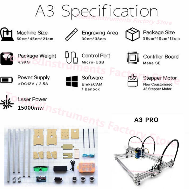 Новый 15 Вт A3 Pro деревообрабатывающий станок с ЧПУ металлическая лазерная