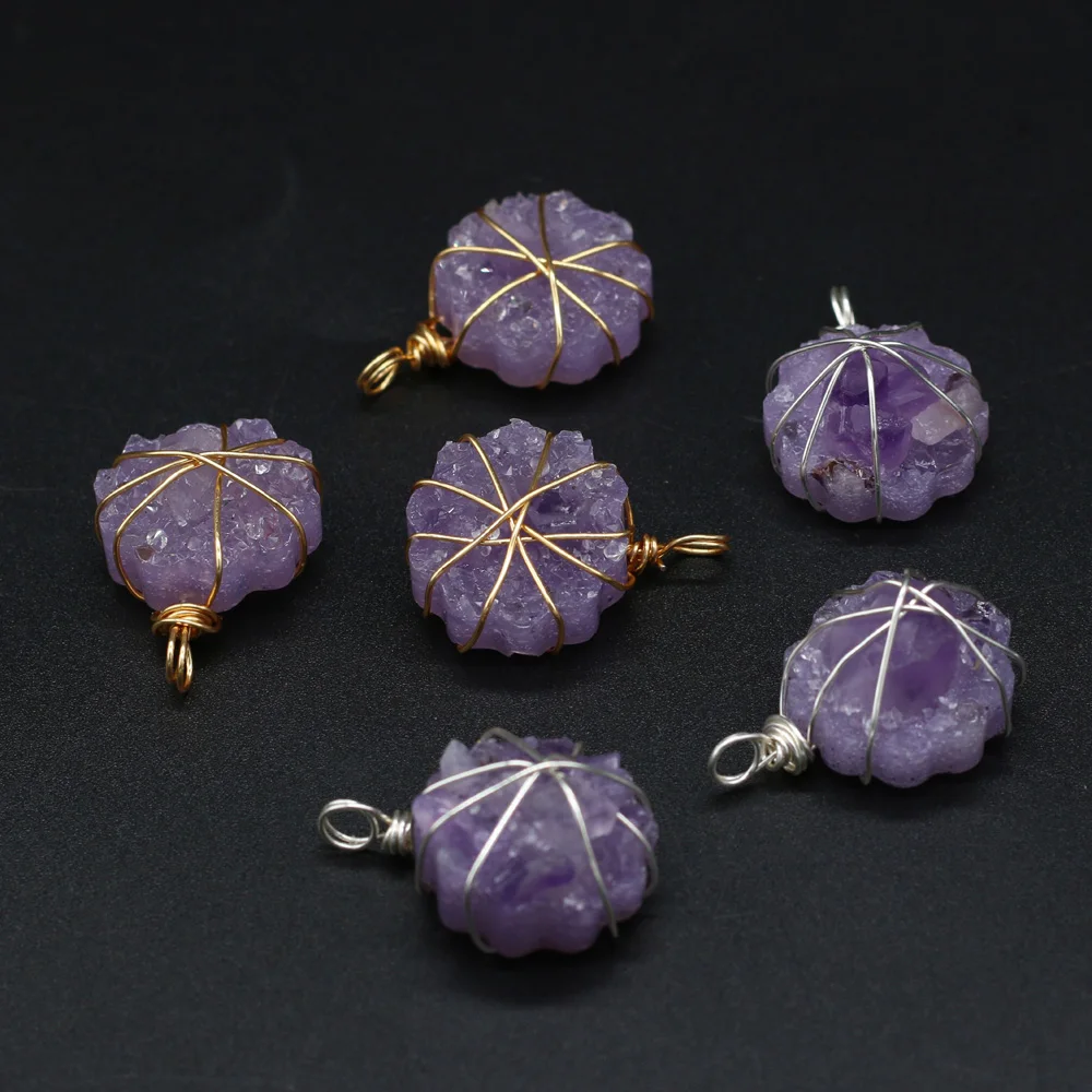 

Amethyst Natural Semi-Preciou Stone Hand-wound Silver Thread Irregular Flower Pendant for Jewelry Making DIY Necklace Accessorie