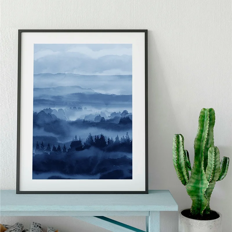 

Art Canvas Painting Forest Print Blue Forest Abstract Watercolor Misty Forest Wall Art Picture Poster For Home Modern Wall Decor