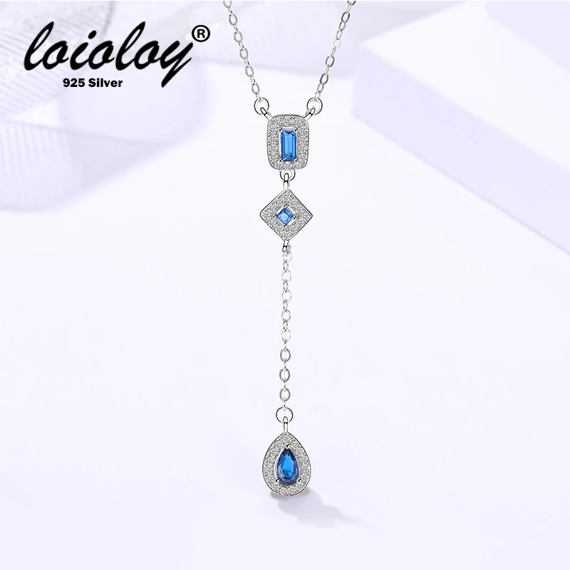 925 Sterling Silver Elegant Long Y style Blue Teardrop Gemstone Tassel Necklace For Party Women | Украшения и аксессуары