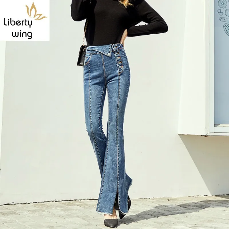 New Fashion Women High Waist Buttons Tassels Denim Flare Slim Fit Push Up Office Ladies Long Trousers Jeans Pants