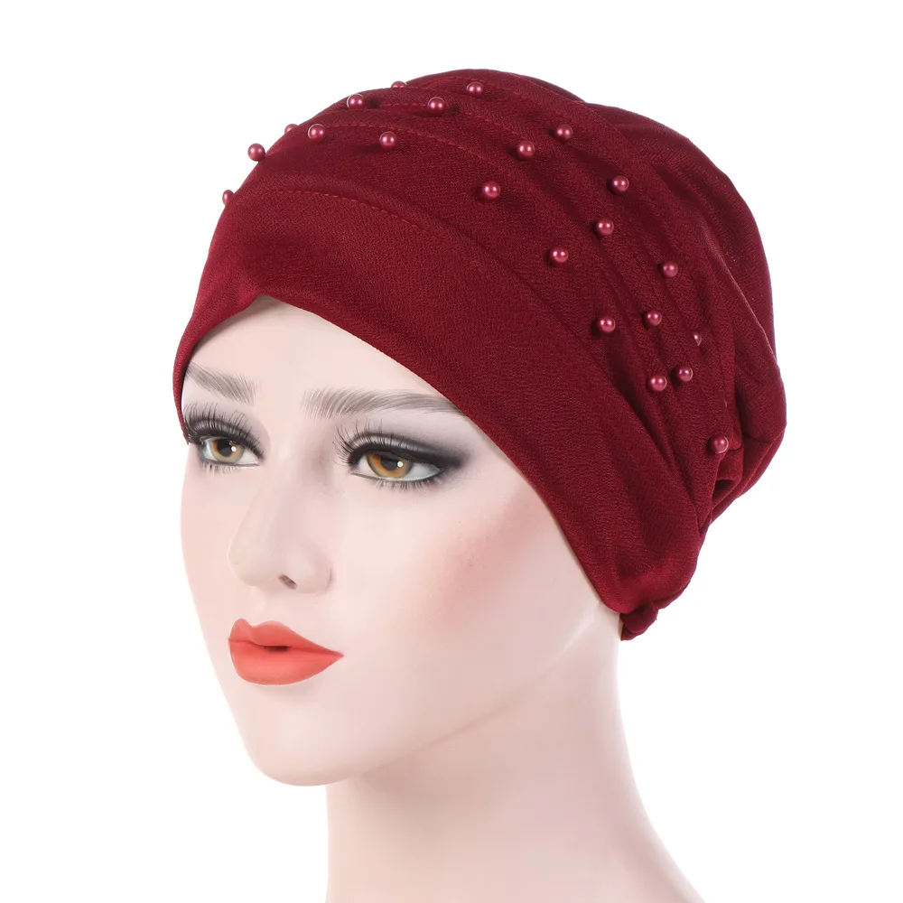 

Fashion Ethnic Style Ladies Hat Hoods Keep Warm Beads Head Cap Muslim Turban Hijab Caps Elastic Hair Wrap Keep Warm Beanies Head