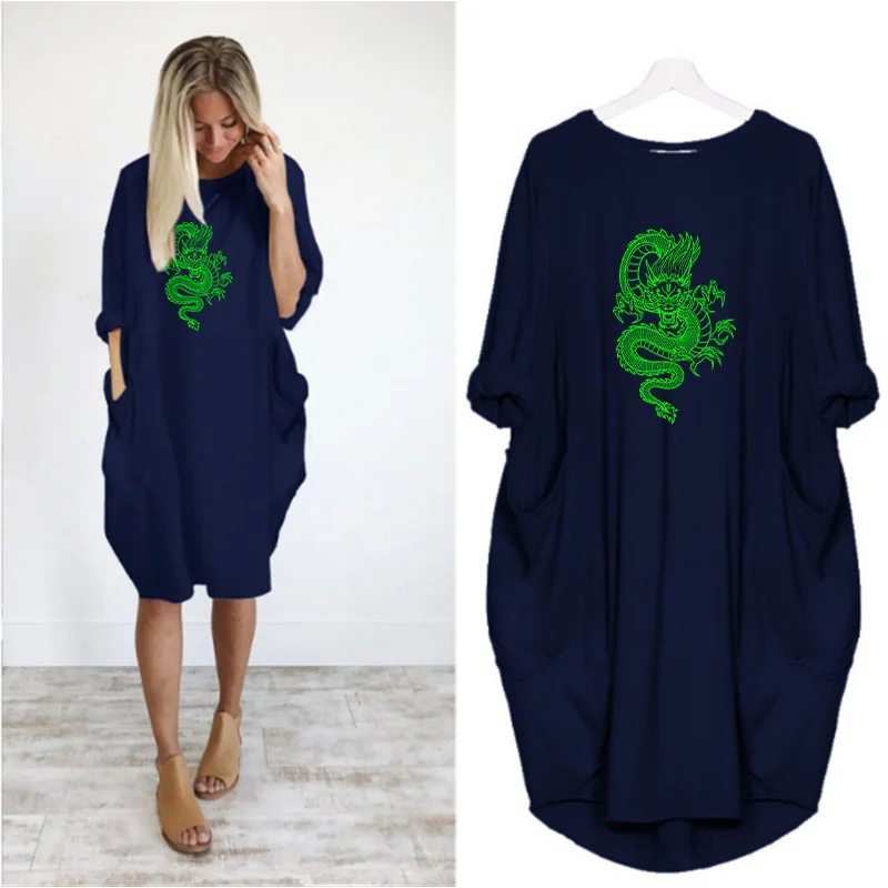 

Plus Size 5Xl Midi Dress Female Harajuku Dragon Print Autumn Long Sleeve o Neck Pocket Casual Loose Party Streetwear Vestidos