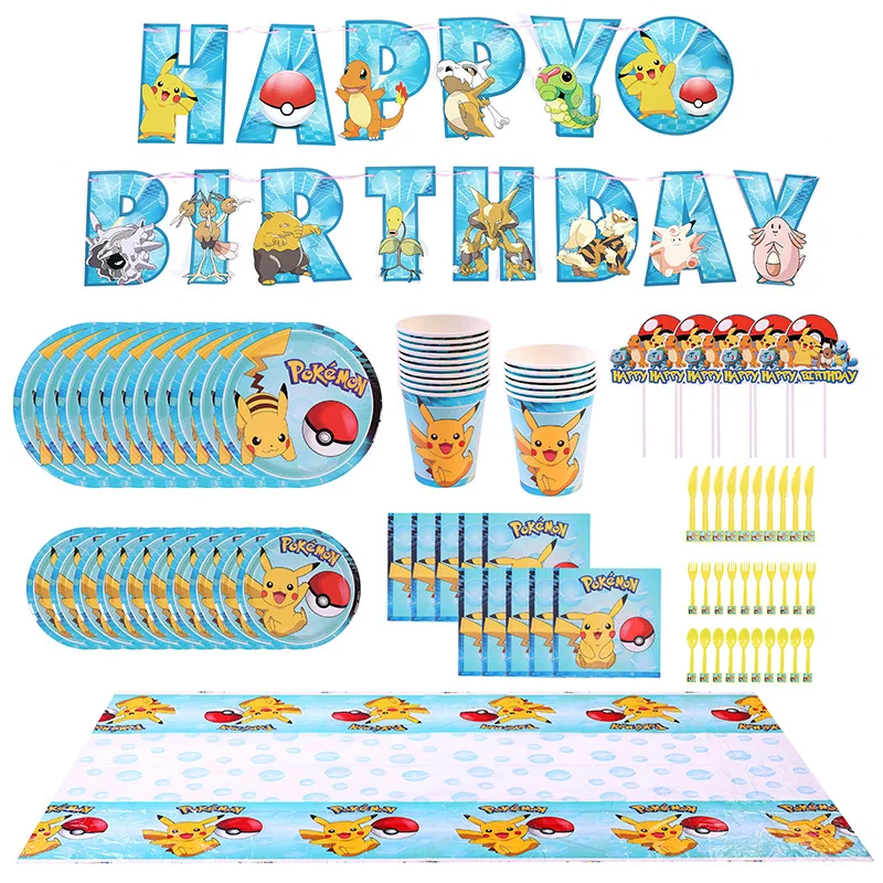 TAKARA TOMY Pokemon Pikachu party theme decoration children's birthday holiday paper cup tablecloth banner party set gift