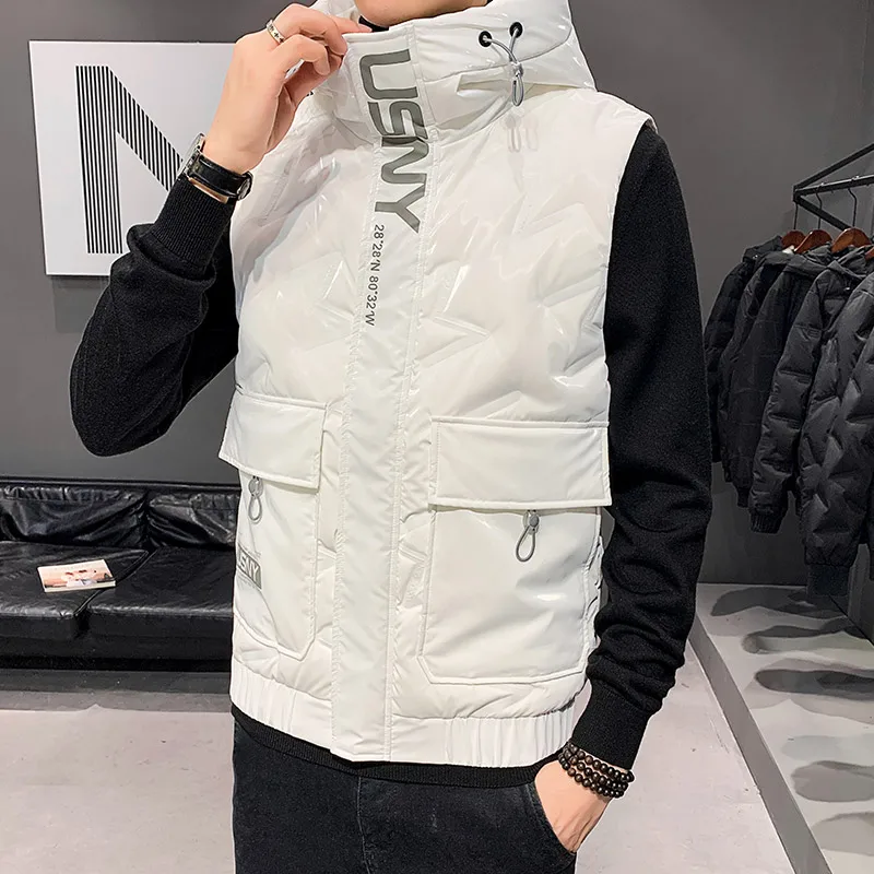 

80% gray duck down winter clothes new shiny down vest men's hooded plus size sleeveless jacket fashion down vest