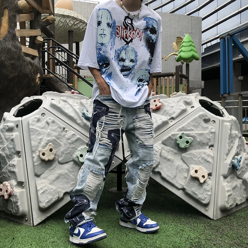 Джинсы IEFB мужские с бахромой уличная одежда вышивкой мешковатые брюки из денима