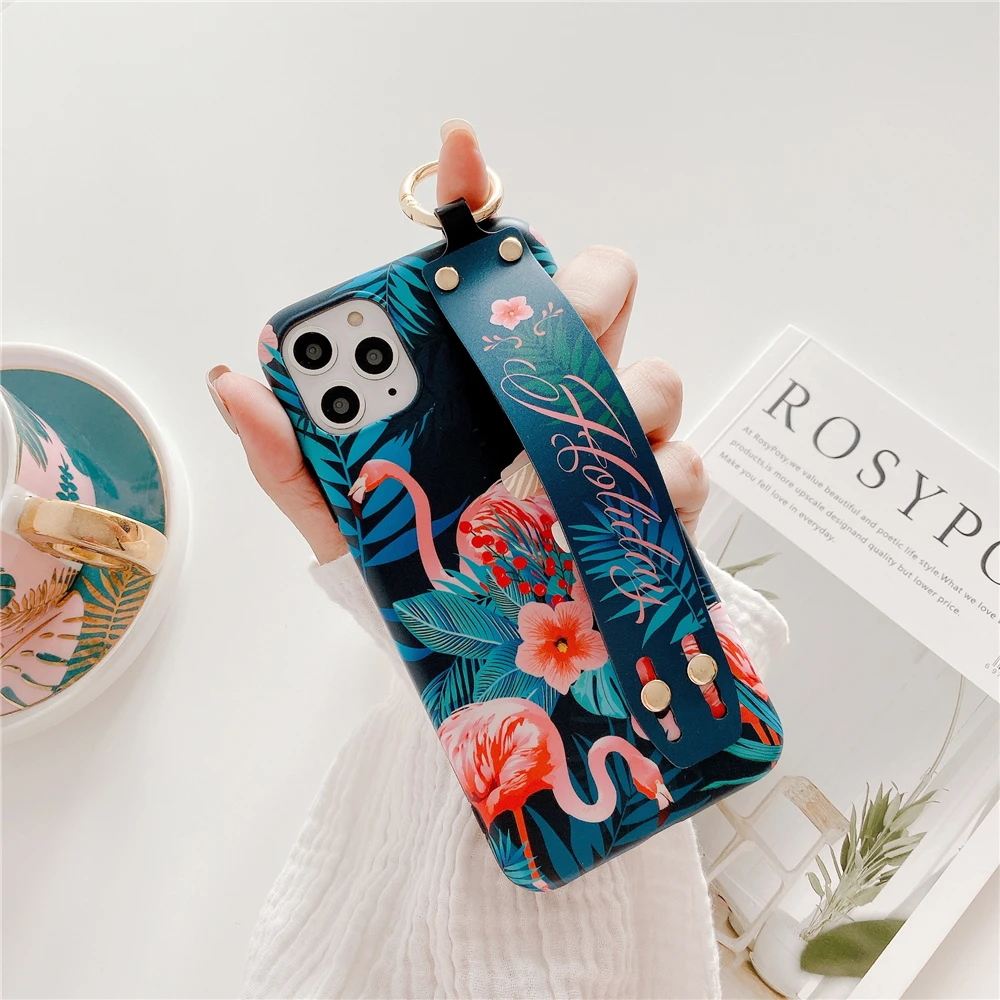 Стильный чехол для девушек с Фламинго Wris на ремешке iPhone 12 Pro 7 8 Plus XR Xs Max X SE 2020 11