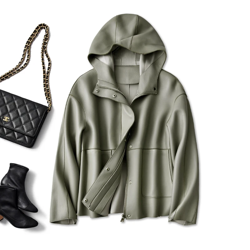 

Шубы SHUCHAN женские из натуральной кожи, овчина, японский стиль, с капюшоном, корейский стиль, высокое качество, весна/осень, карманы на молнии