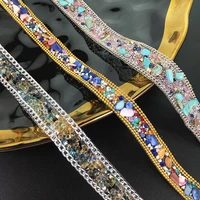 2yards colourful hot fix rhinestones trim chain crystal iron on applique trimming stickers for collars shoes edging tz4520