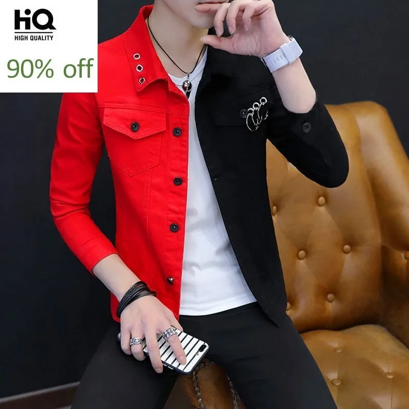 Spring Autumn Personality Mixed Colors Male Denim Jackets Fashion Long Sleeve Punk Style Night Show Wear Slim Casual Mens Coats | Мужская